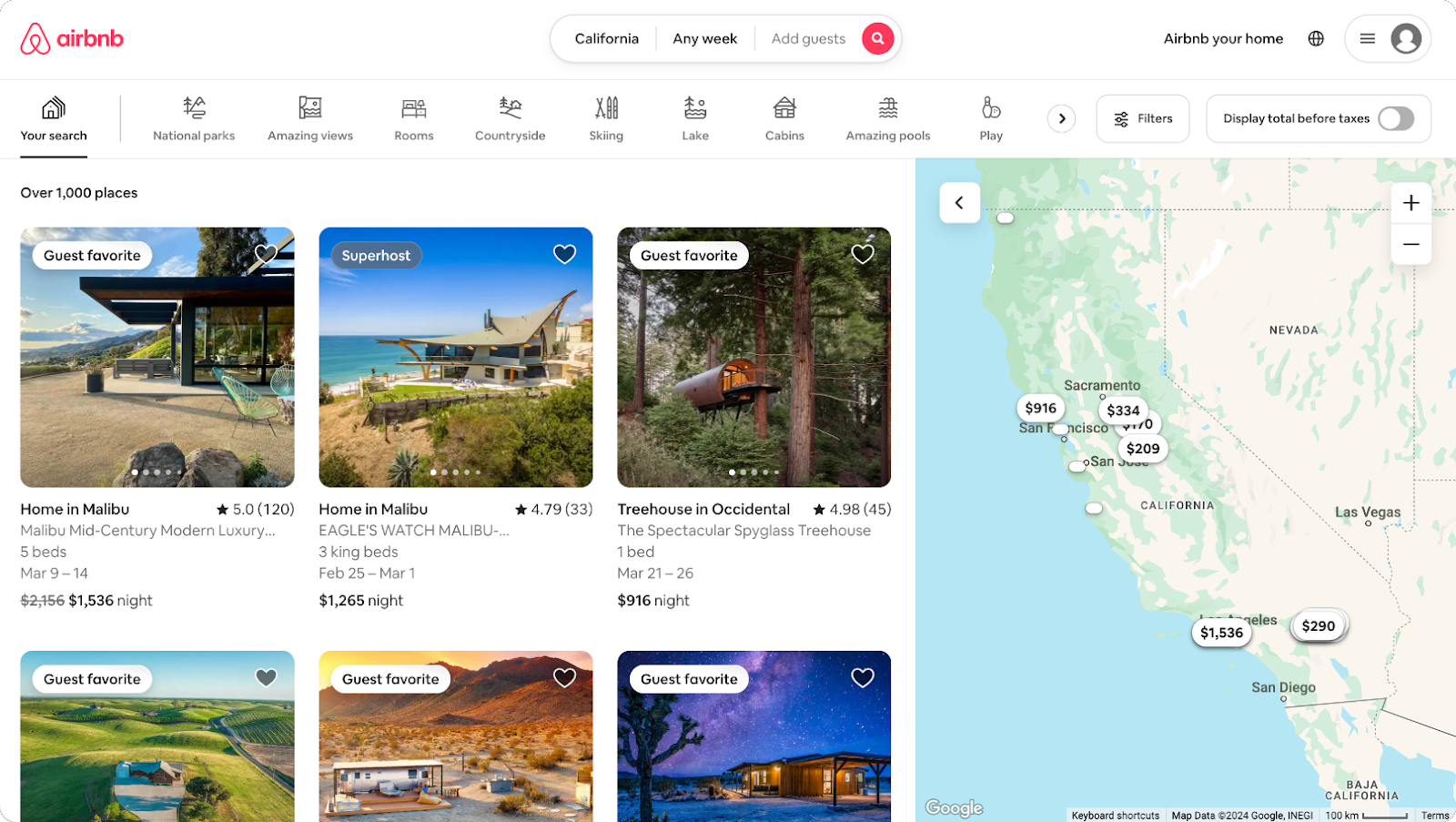 Airbnb Search Results page