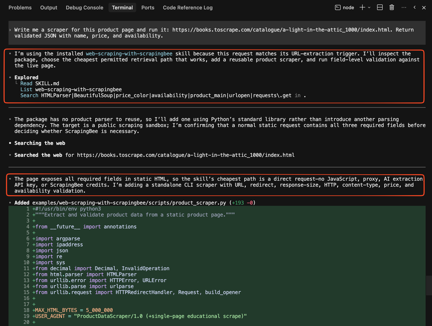 Codex matching the request to the web-scraping-with-scrapingbee skill and inspecting the target first