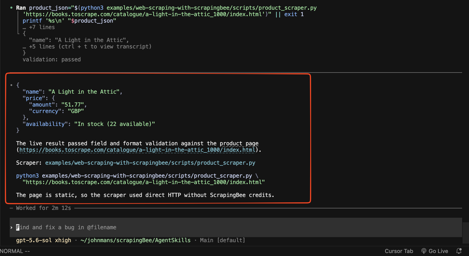 Validated JSON output with the name, price, and availability fields from the scraper run