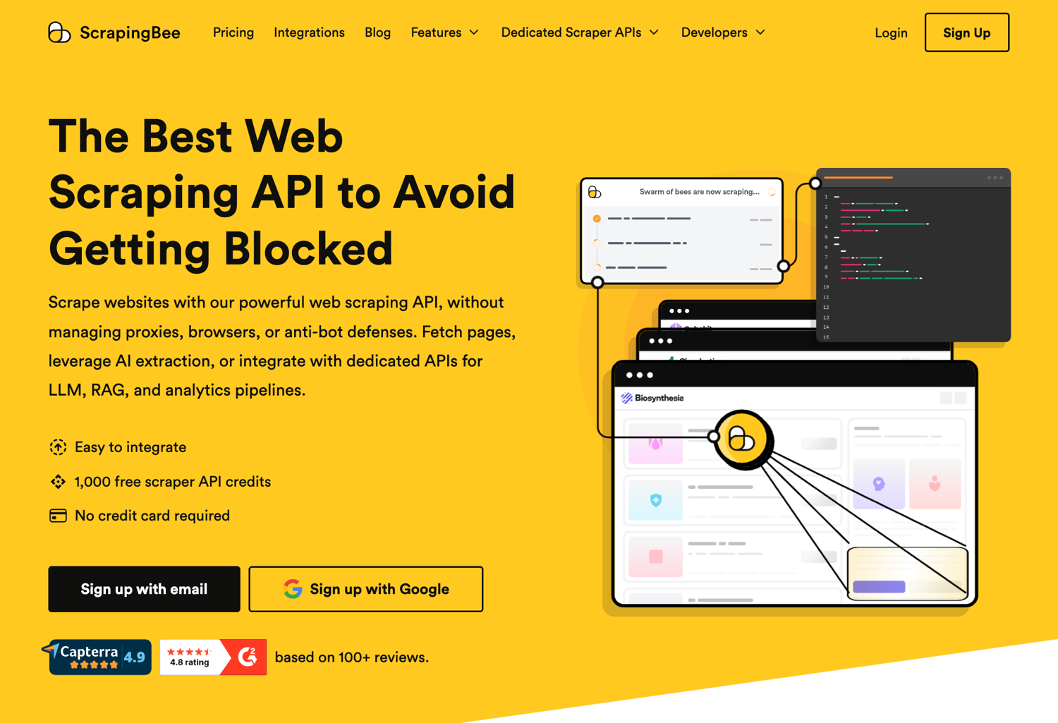 The ScrapingBee homepage, where you create a free account