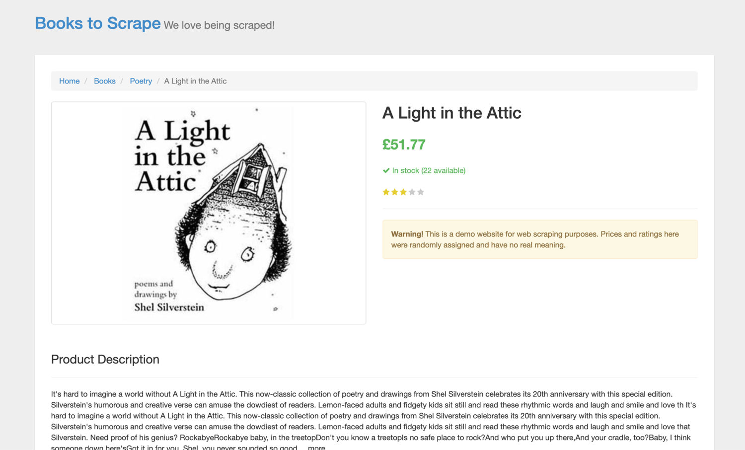 The books.toscrape.com product page showing the price and availability already present in static HTML