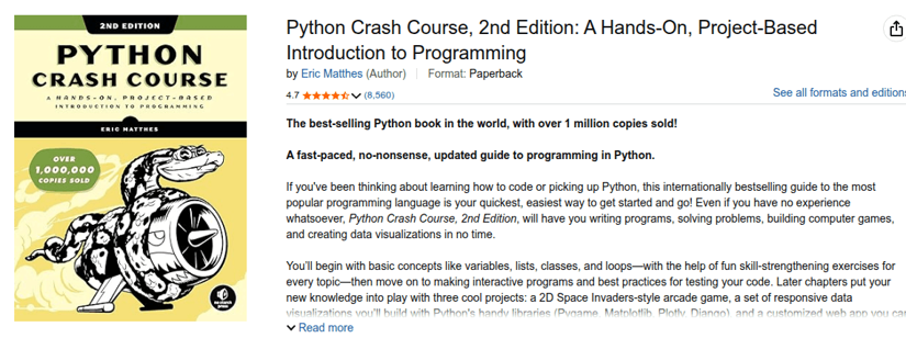 Screenshot of the real Amazon product page reached through a residential proxy, showing the book cover, the exact title Python Crash Course 2nd Edition, the author, and the rating that a plain request could not retrieve.