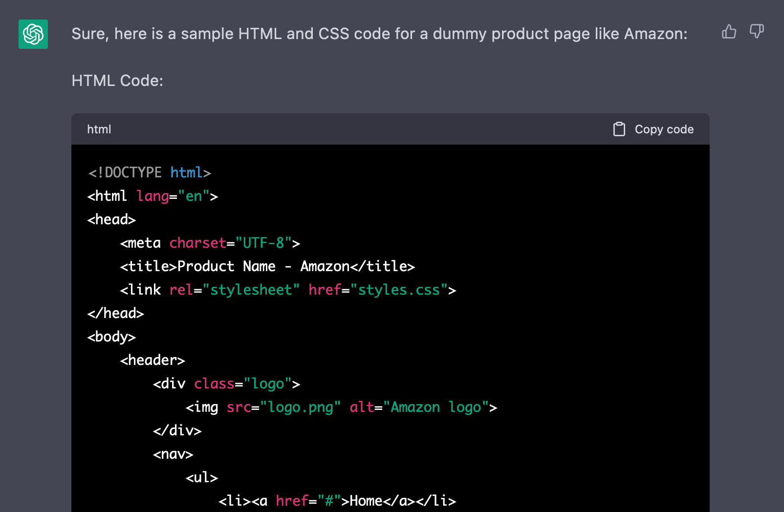 ChatGPT generating HTML code