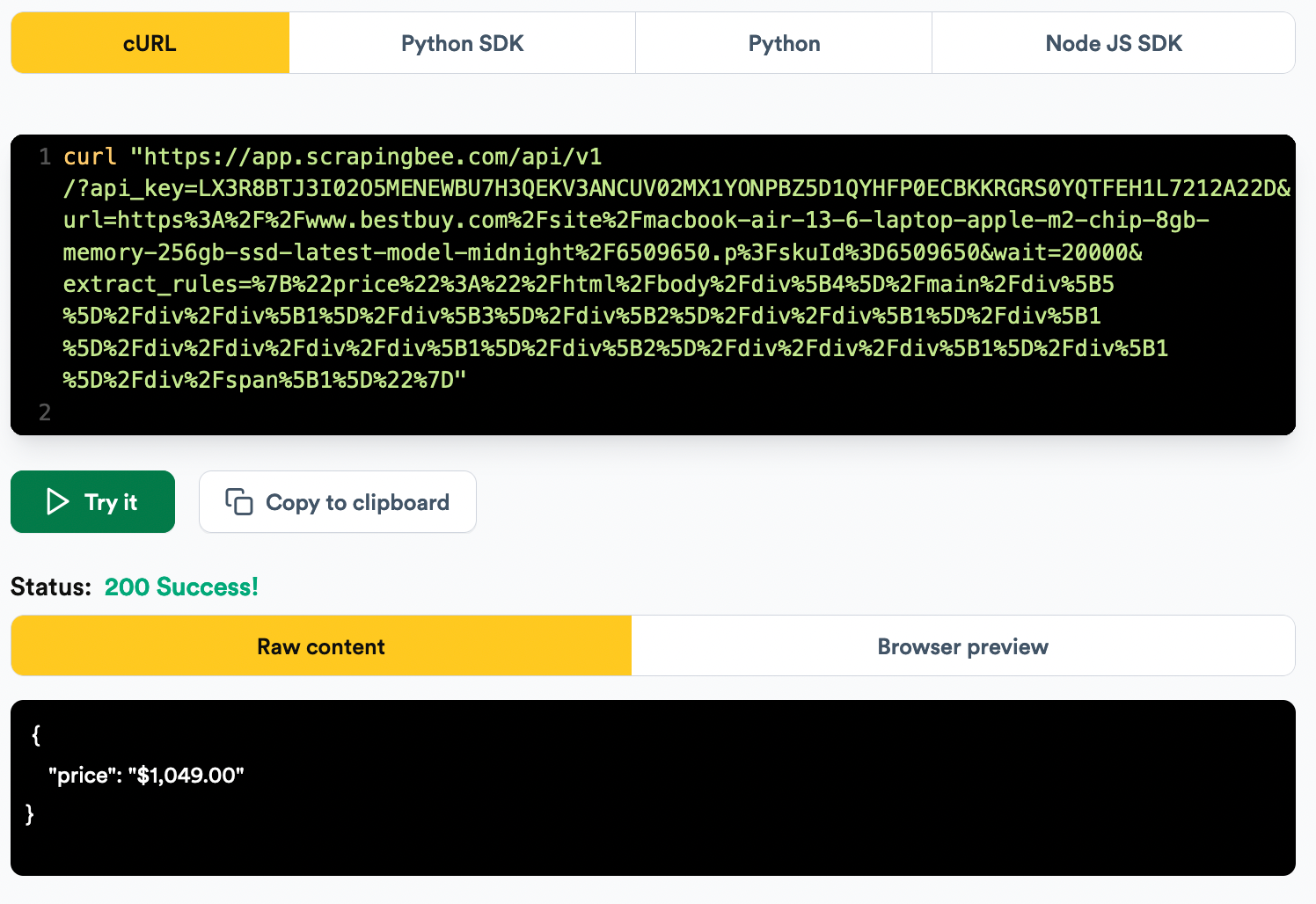 ScrapingBee request builder results for AI web scraping