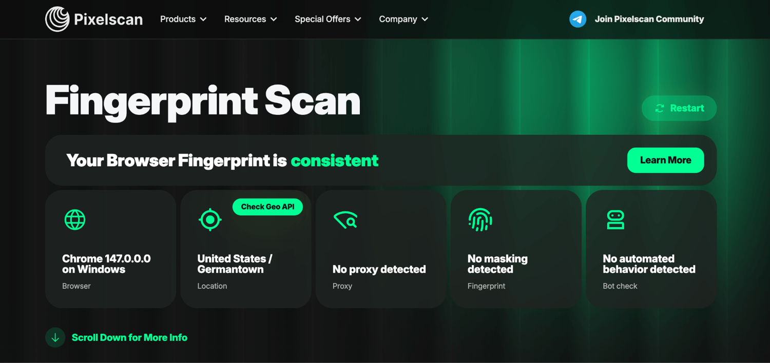 AdsPower passing Pixelscan, consistent, no proxy detected