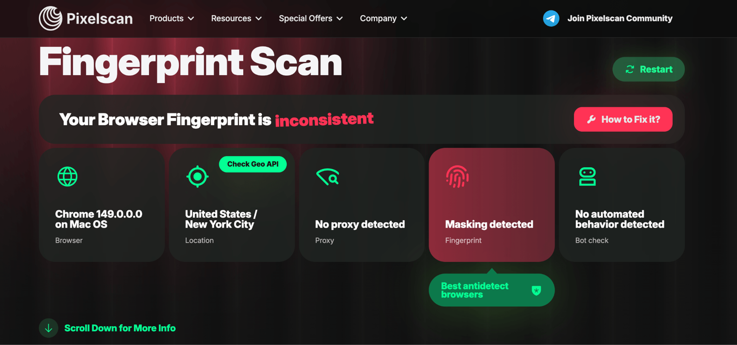 Dolphin Anty on Pixelscan, masking detected
