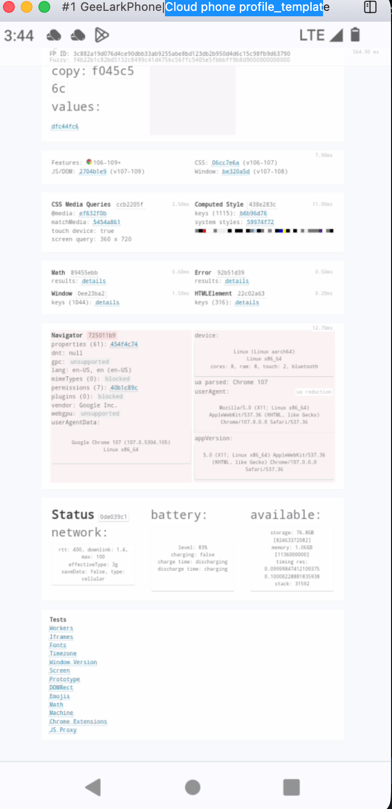 GeeLark cloud phone on CreepJS, real Mali-G77 GPU plus touch, but x86_64 host leak