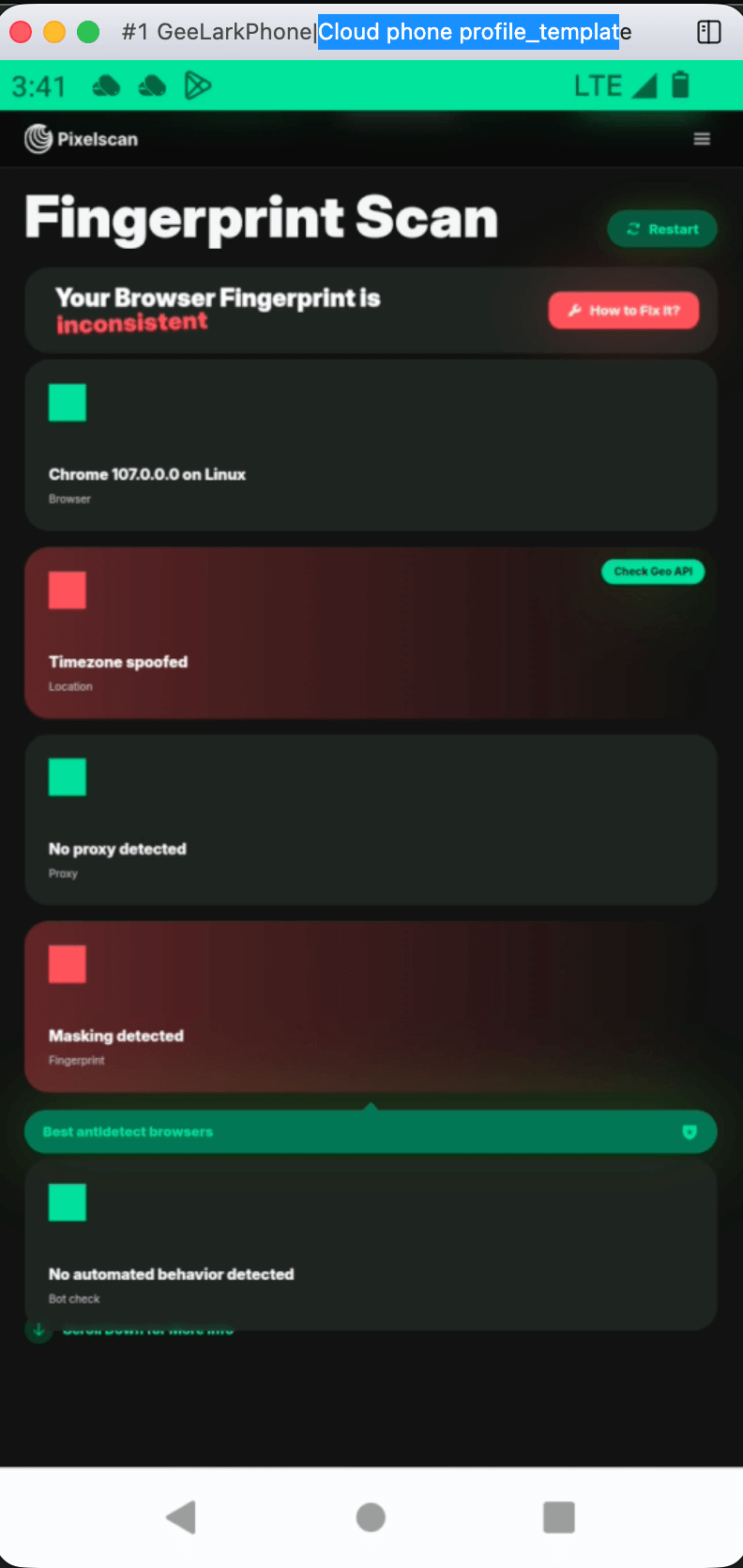 GeeLark cloud phone on Pixelscan, timezone spoofed, masking detected