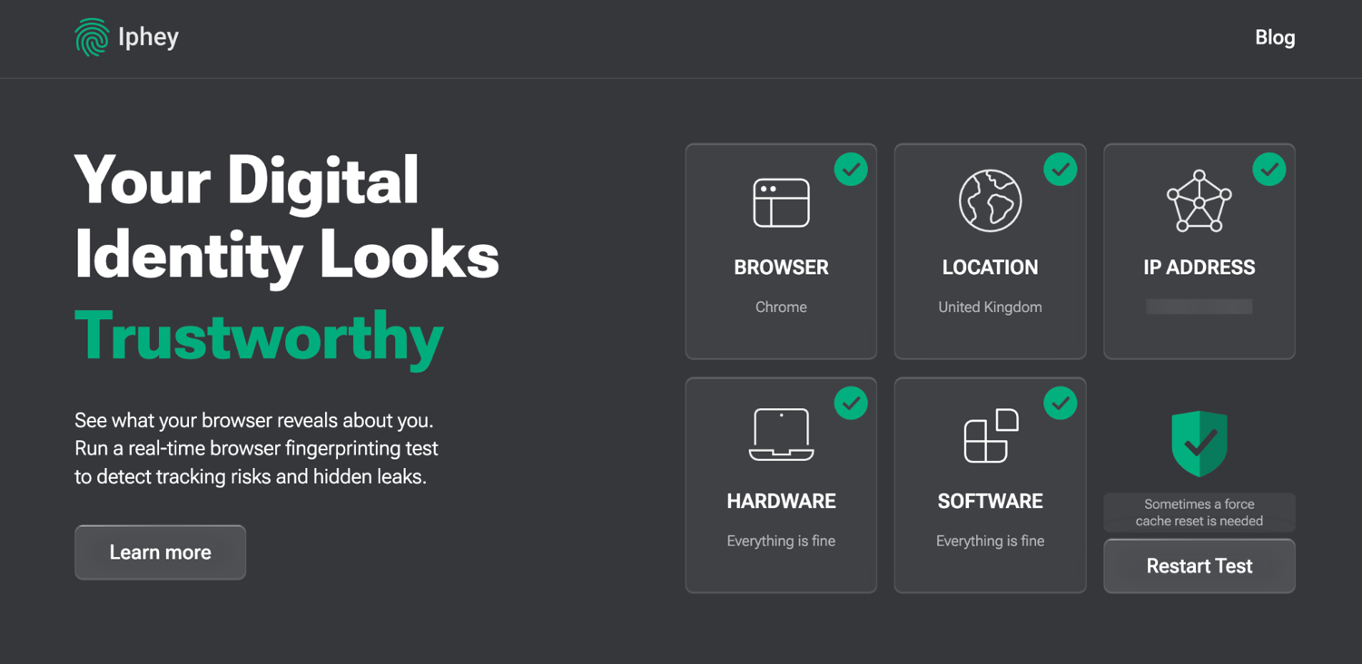 GoLogin passing Iphey, digital identity looks trustworthy, all categories green