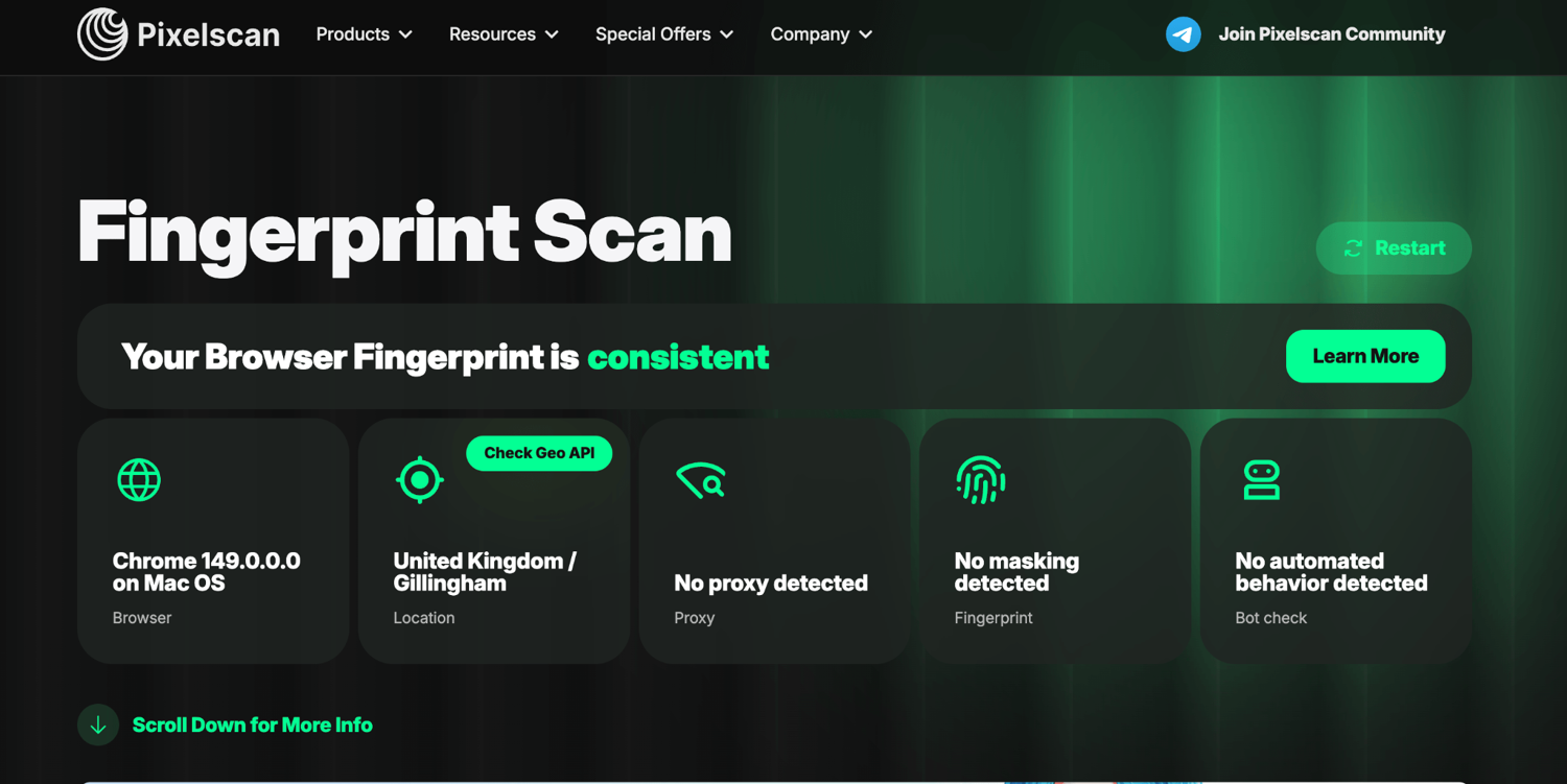 GoLogin passing Pixelscan on a clean residential proxy, consistent, no proxy detected