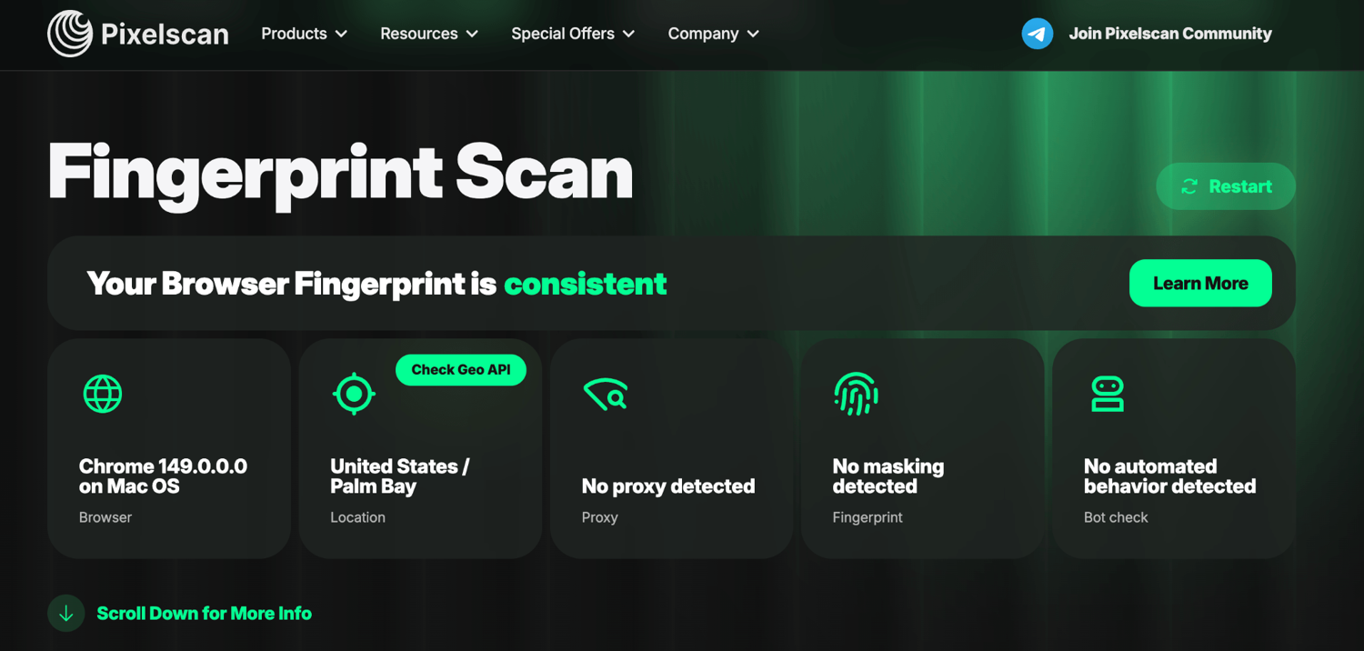 Incogniton after tuning, Pixelscan now consistent, no masking detected