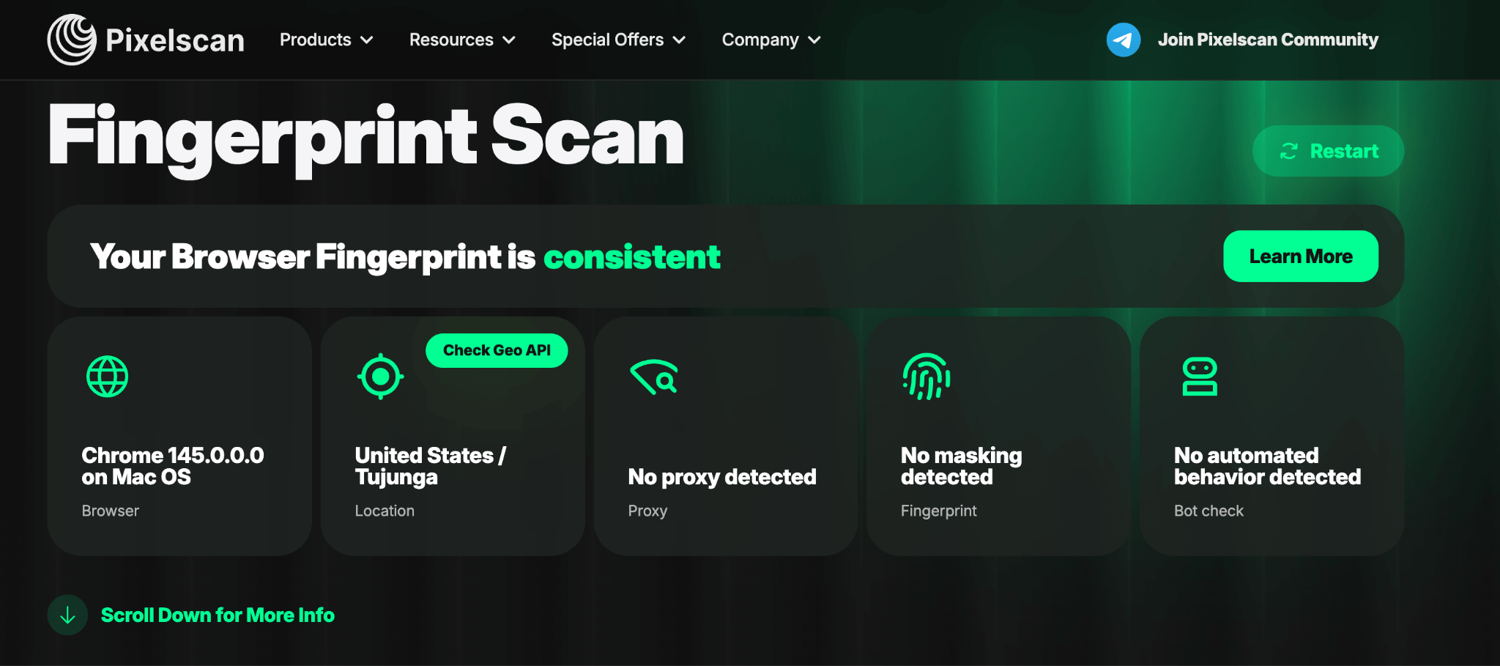 ixBrowser passing Pixelscan, consistent, no masking