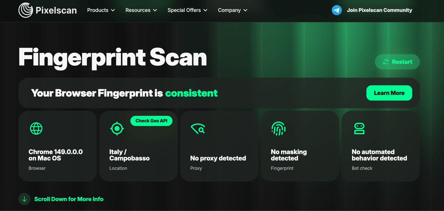 Multilogin passing Pixelscan, consistent, no proxy detected