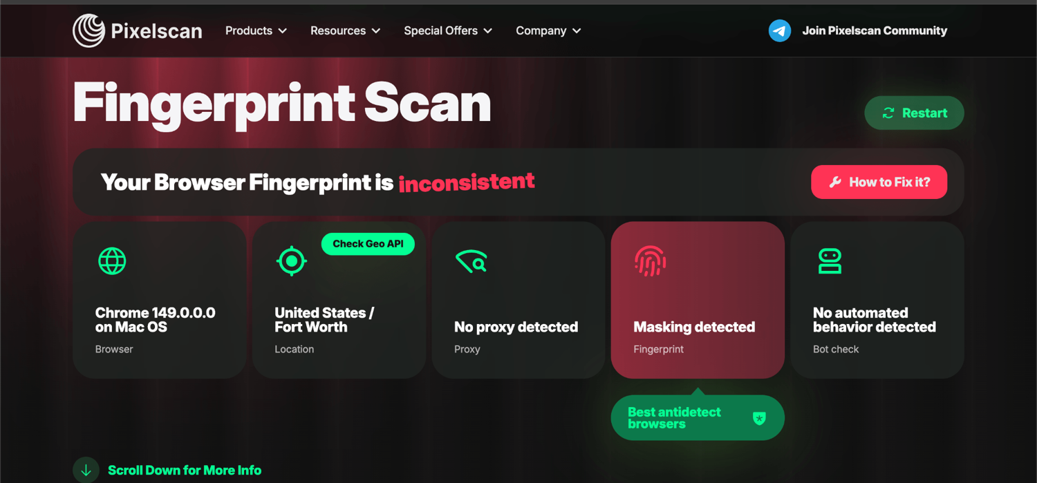 Nstbrowser after tuning, Pixelscan still flagging masking detected
