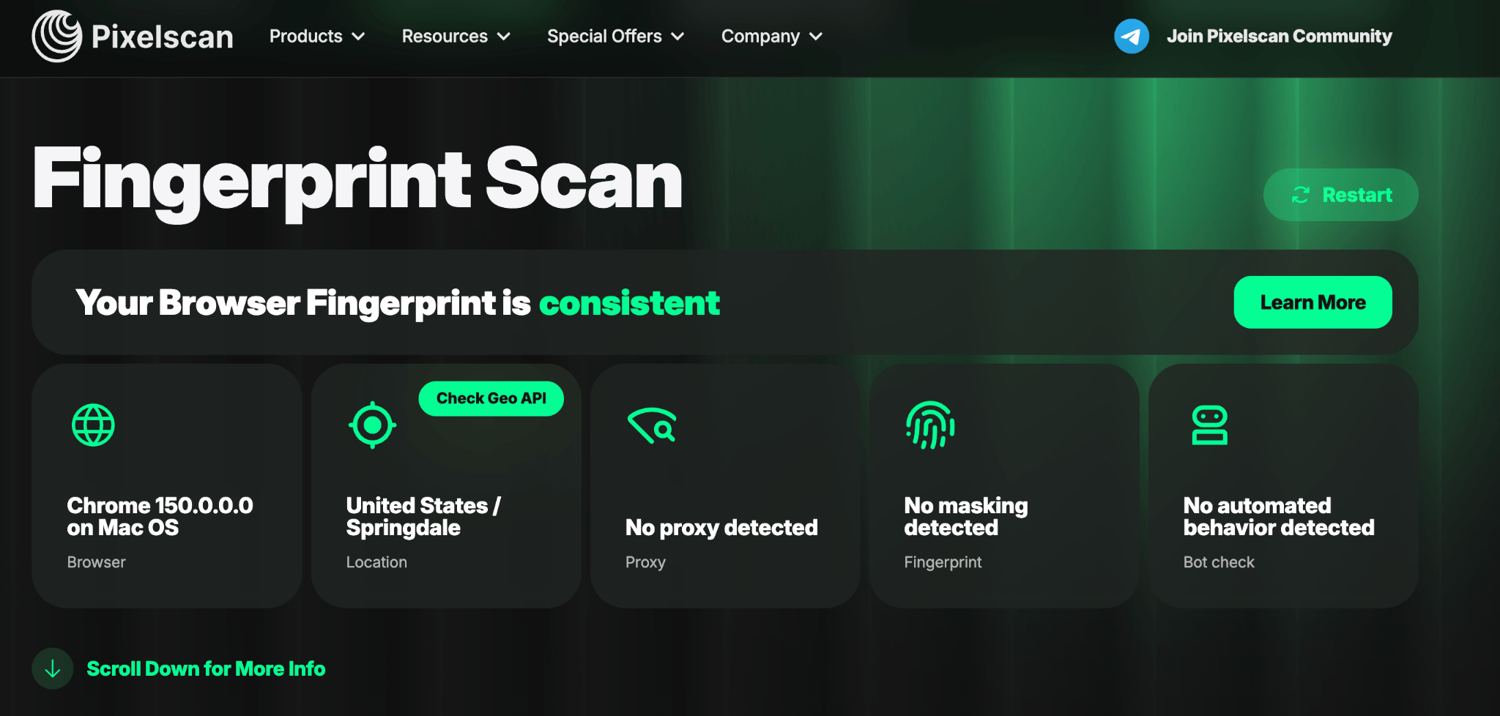 Octo Browser passing Pixelscan, consistent, no masking