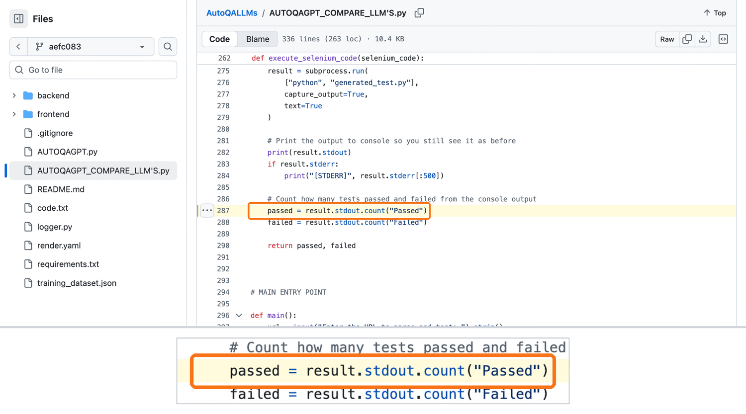 AUTOQAGPT_COMPARE_LLM'S.py on GitHub at commit aefc083 with line 287 highlighted, which reads passed = result.stdout.count("Passed")