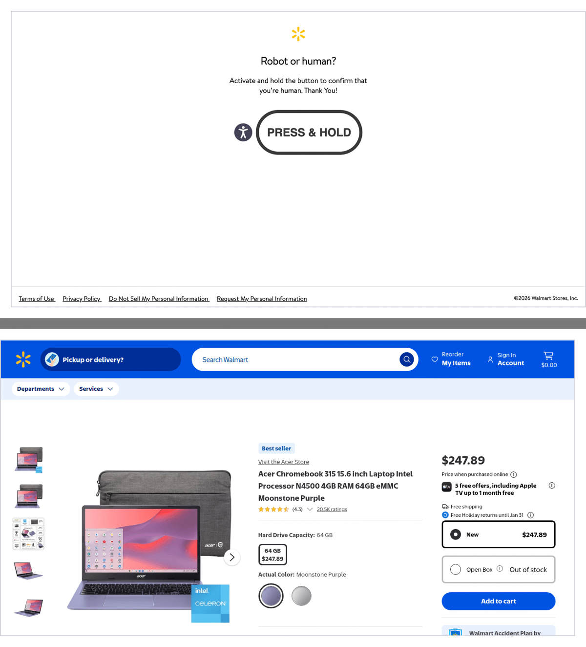 Walmart's Robot or human? press-and-hold page received by headless Selenium, above the Acer Chromebook 315 product page returned by ScrapingBee