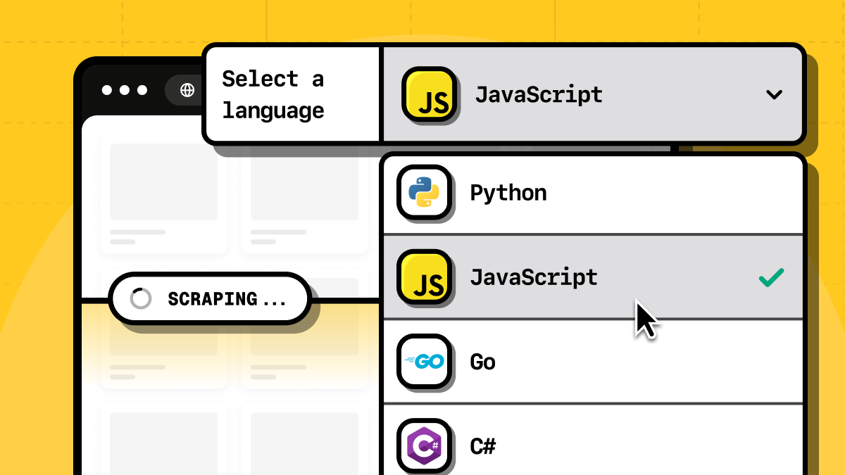 Selecting a programming language for web scraping from a dropdown with Python, JavaScript, Go, and C# options