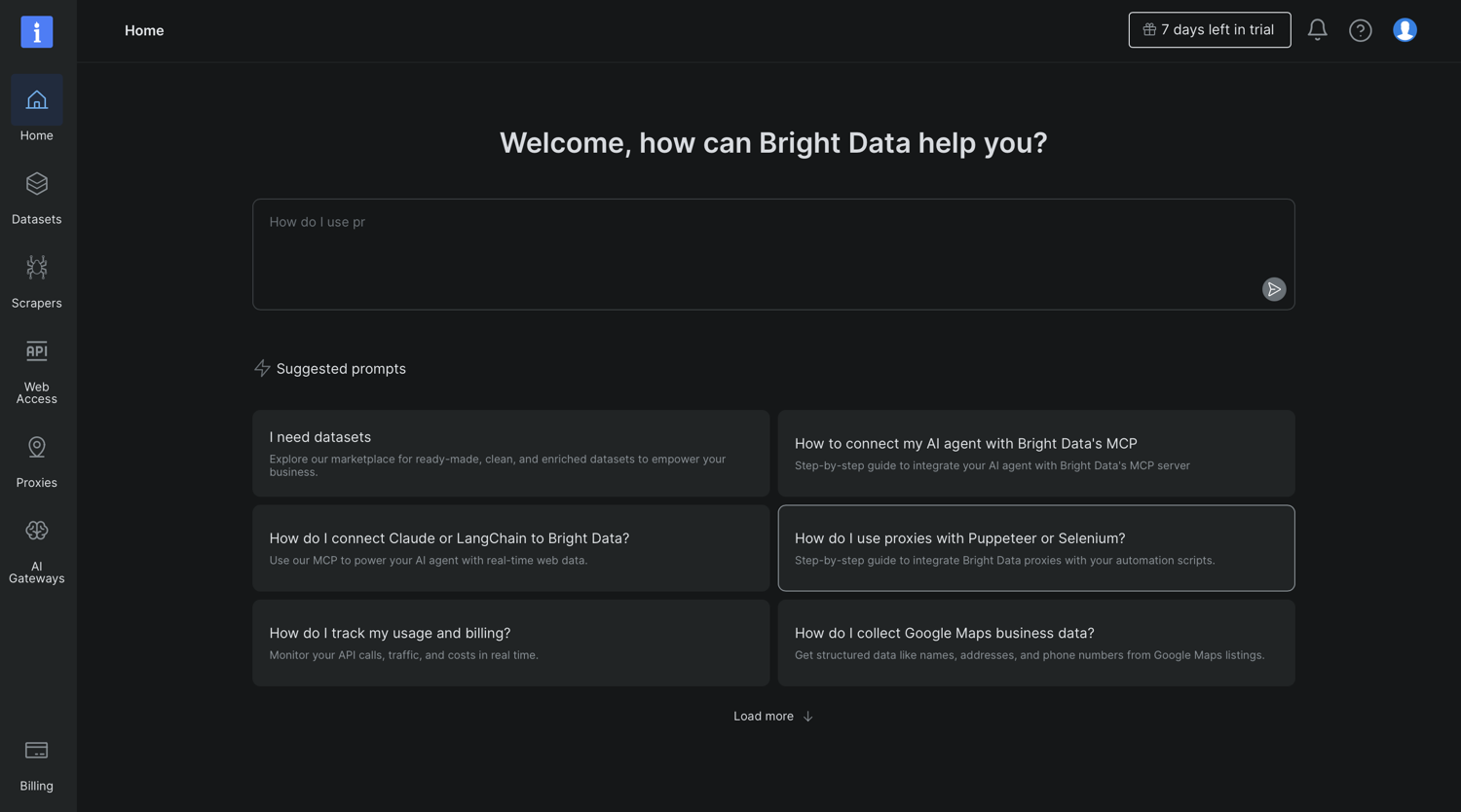 Bright Data dashboard home with AI assistant prompt box and suggested prompts