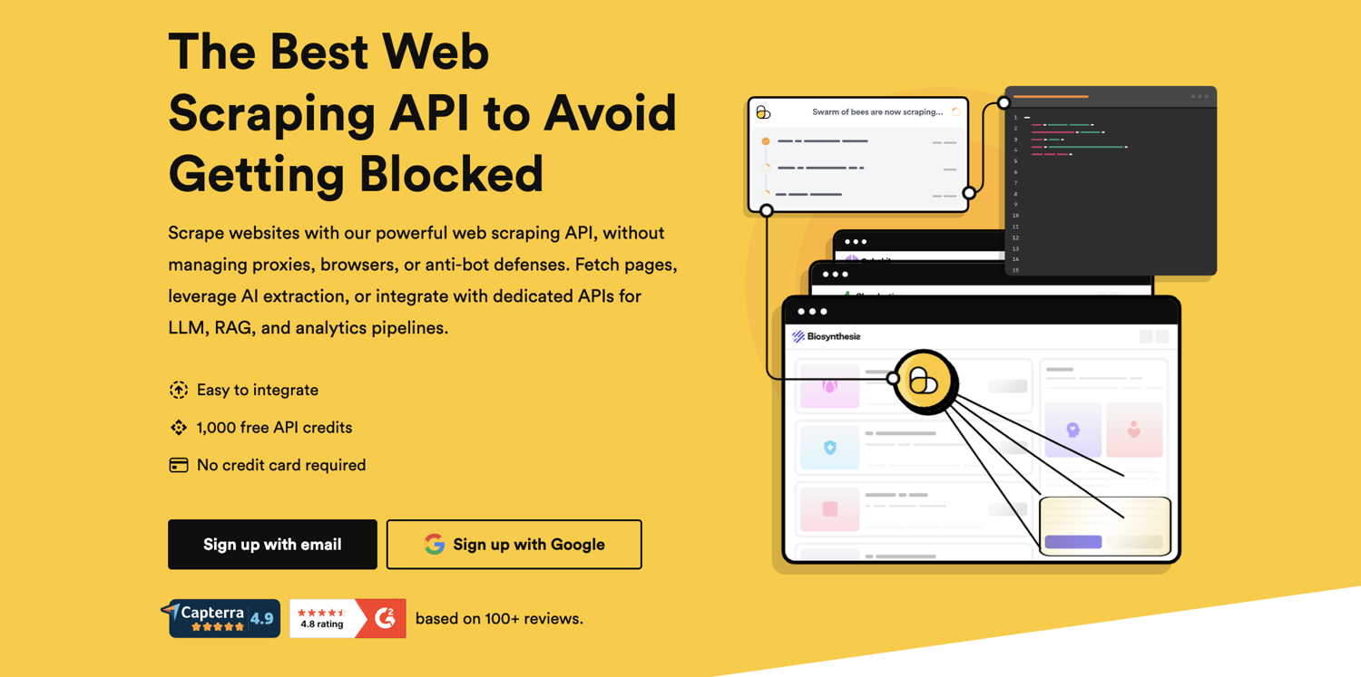ScrapingBee homepage hero with 1,000 free API credits and Capterra/G2 ratings