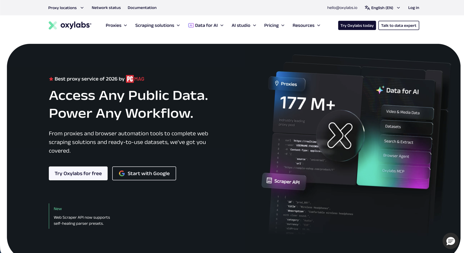 Oxylabs homepage hero: Access Any Public Data, with a 177M+ proxy pool stat