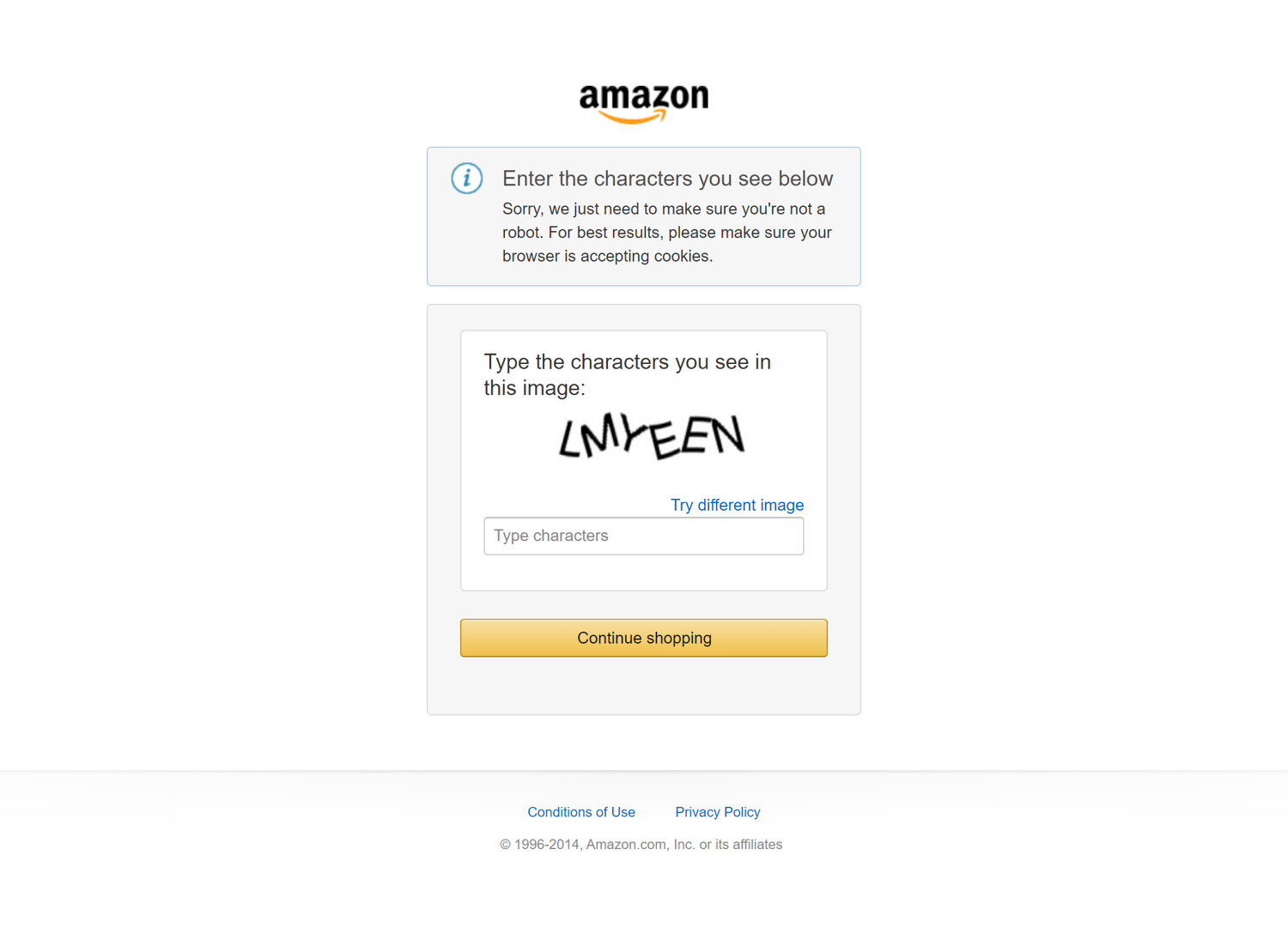 Amazon CAPTCHA block page asking the visitor to type distorted characters