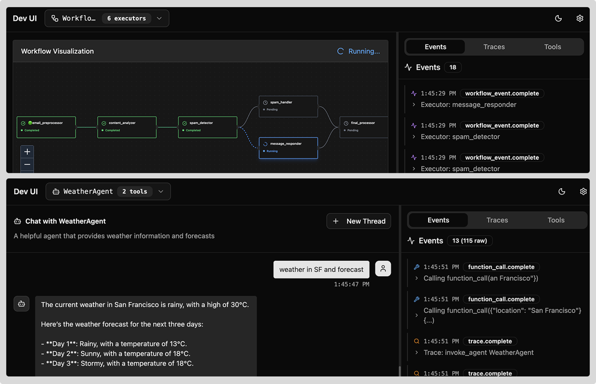 Microsoft Agent Framework Dev UI showing a workflow graph and an agent chat with its event log
