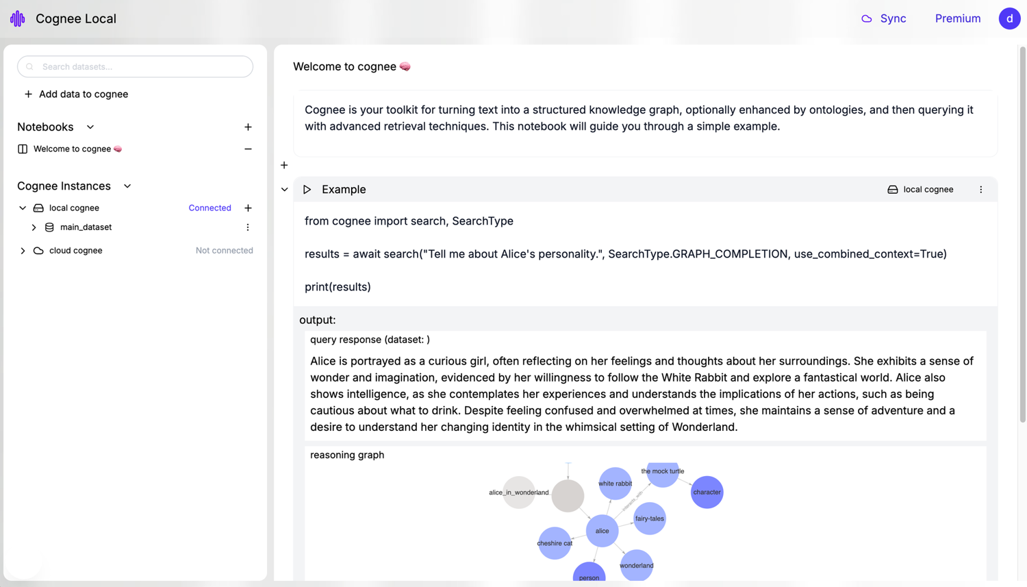 Cognee UI showing a notebook query and a reasoning graph of extracted entities