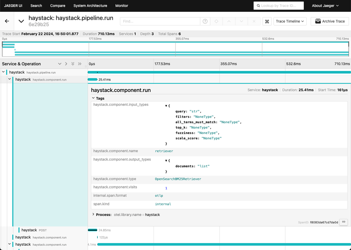 Jaeger trace of a Haystack pipeline run with retriever component tags