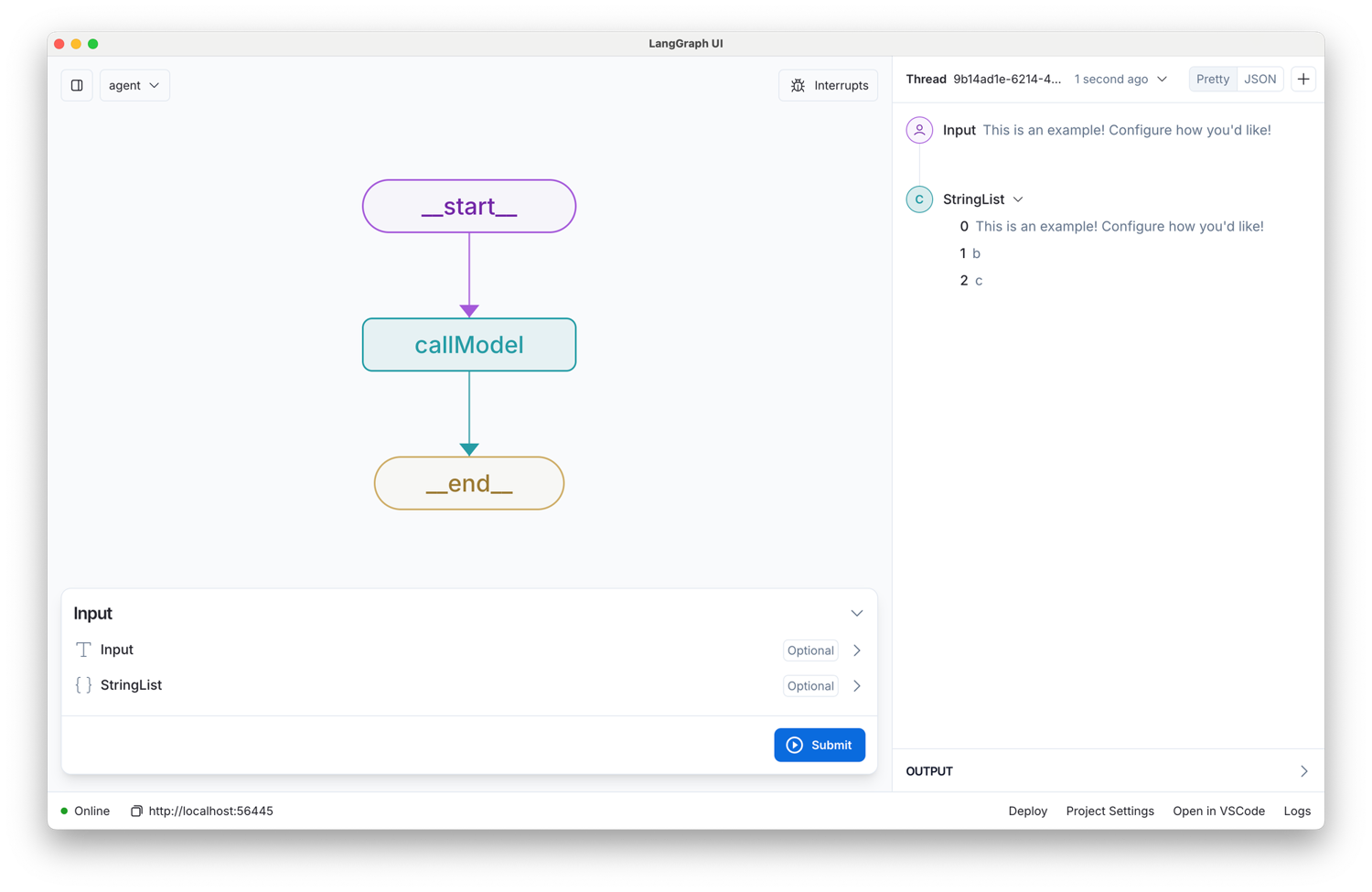 LangGraph Studio showing a start to callModel to end agent graph