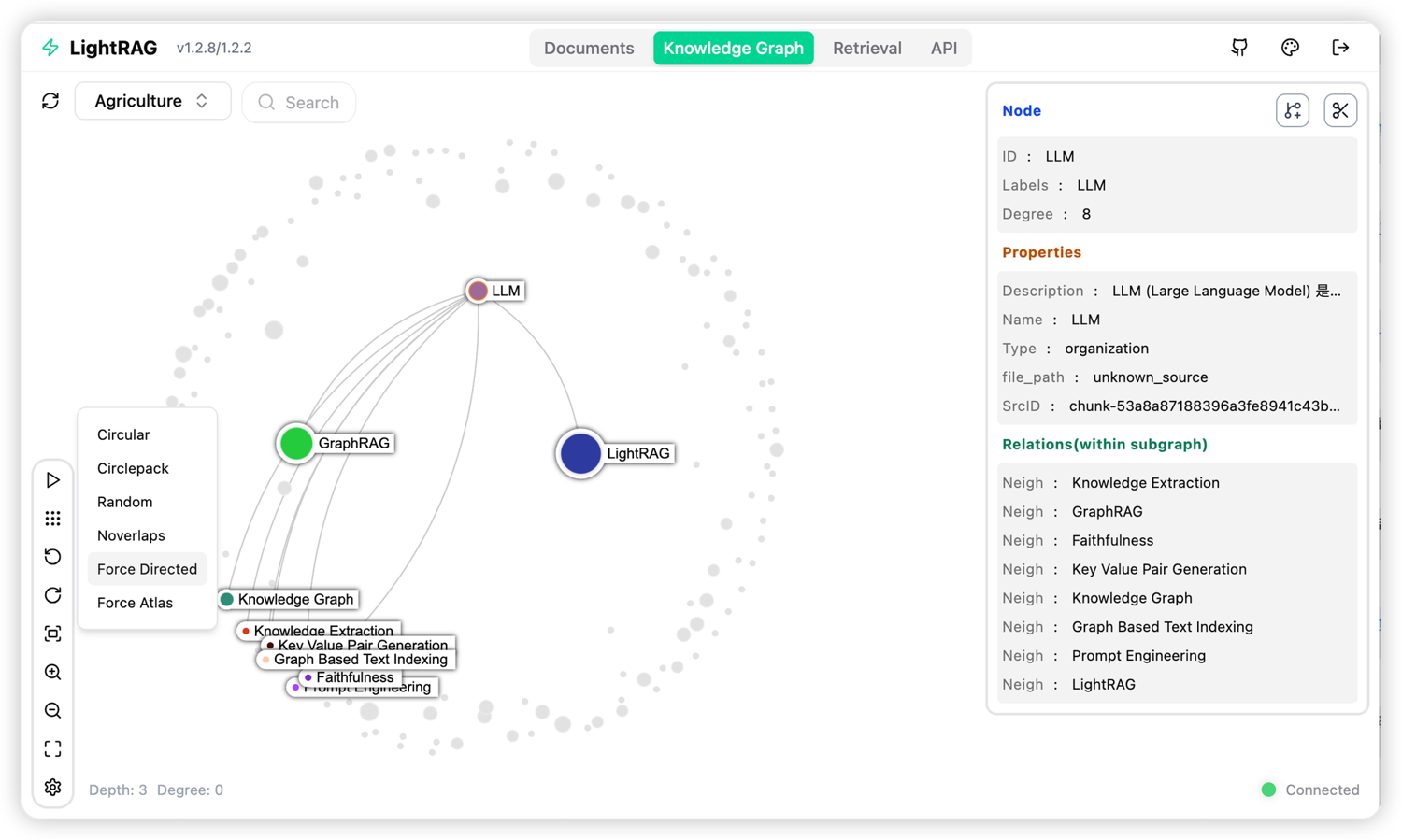 LightRAG web UI knowledge graph view with a node inspector panel