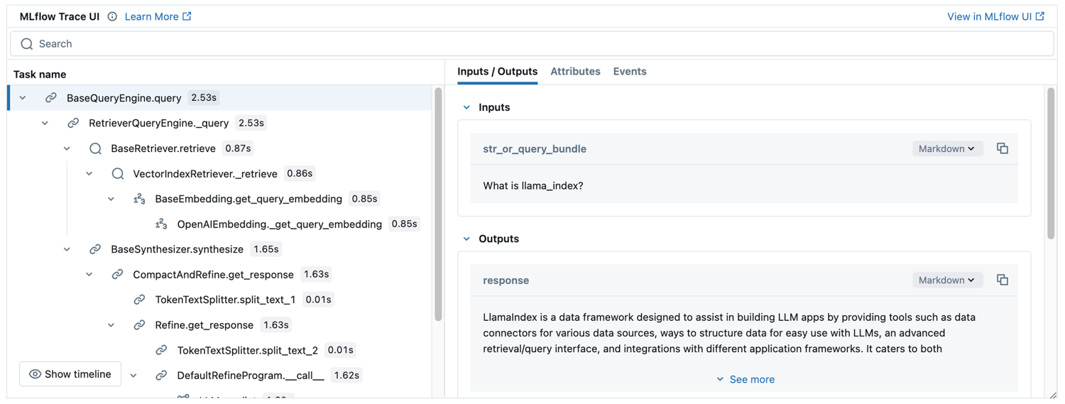 MLflow trace of a LlamaIndex query engine call