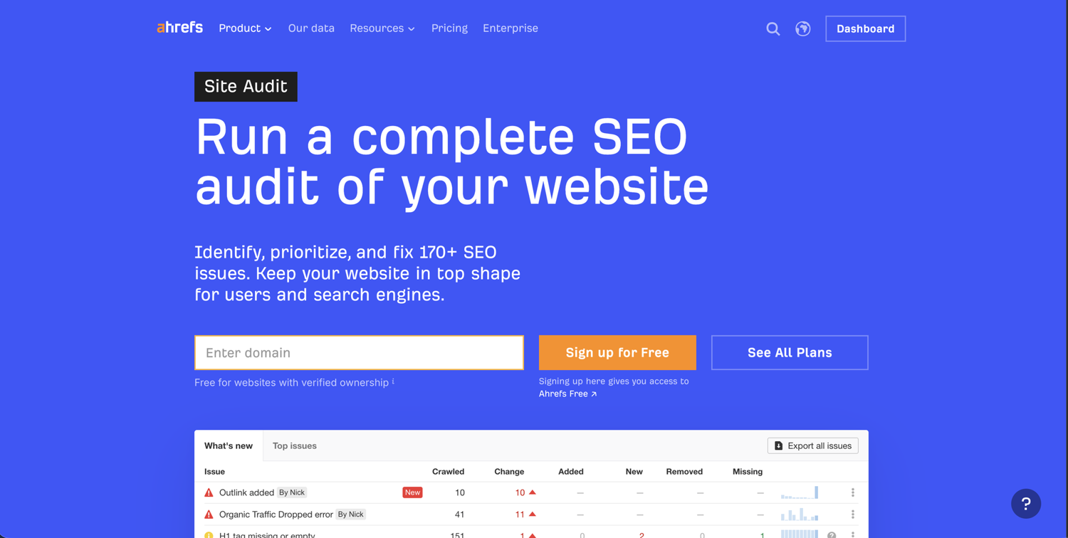 Ahrefs Site Audit landing page showing its crawled-issue table and domain entry field