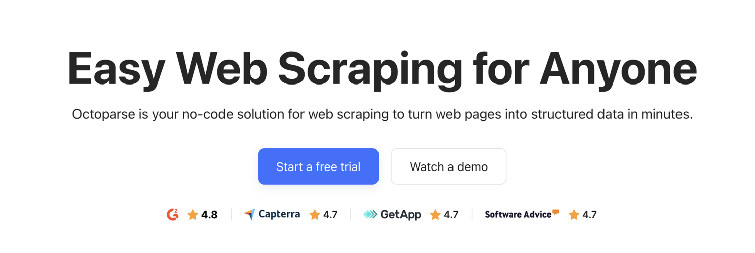 Octoparse homepage presenting its no-code web scraping solution and review scores