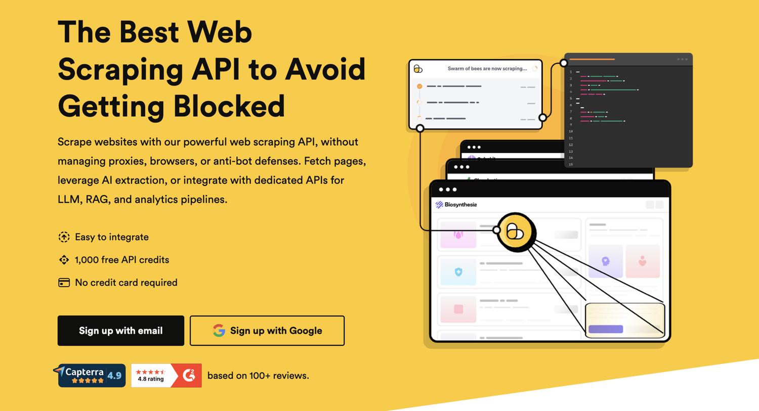 ScrapingBee homepage showing the web scraping API offer and 1,000 free API credits