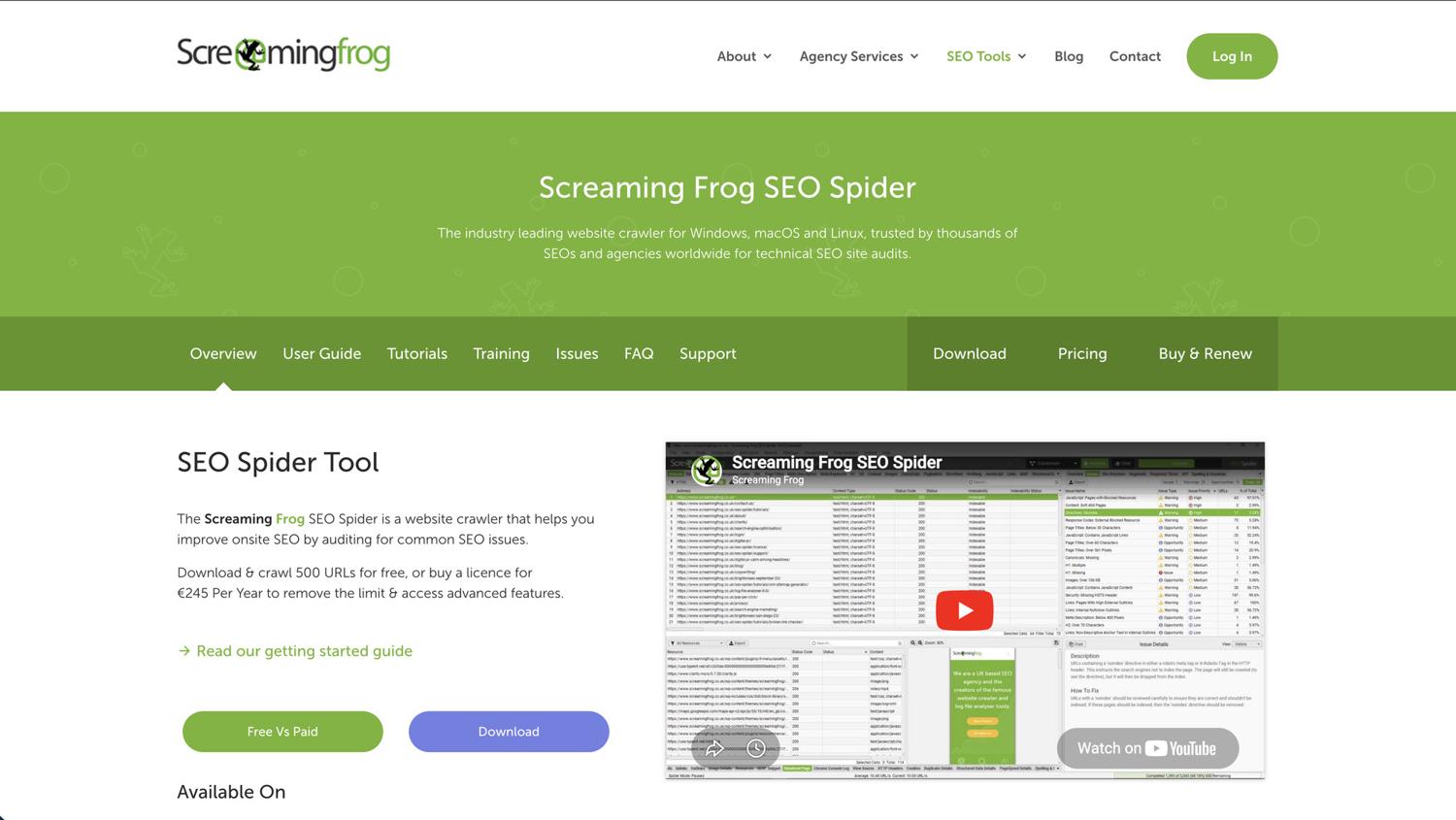 Screaming Frog SEO Spider product page showing the free 500-URL crawl limit and licence pricing