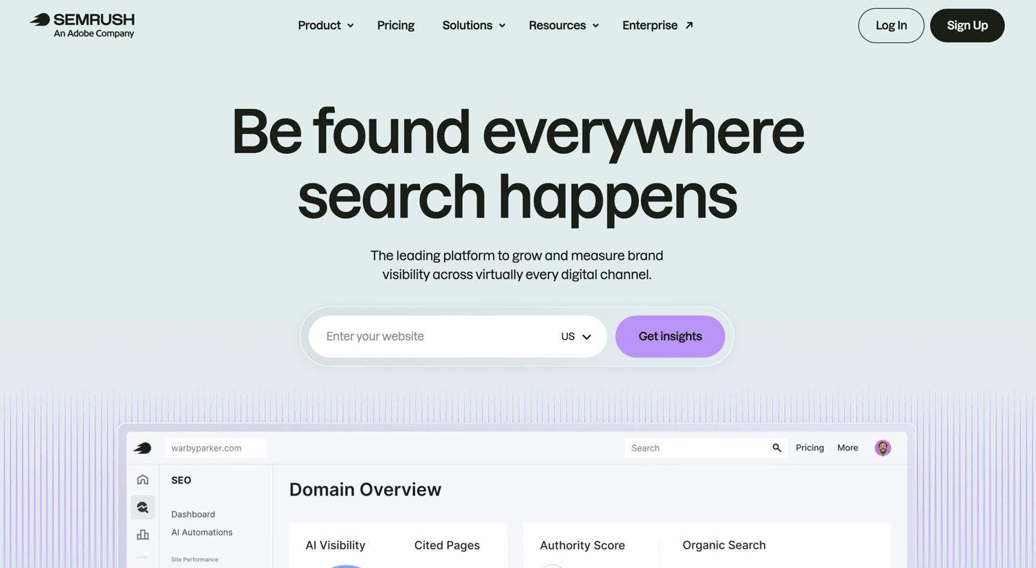 Semrush homepage showing the Domain Overview dashboard with visibility and organic search metrics
