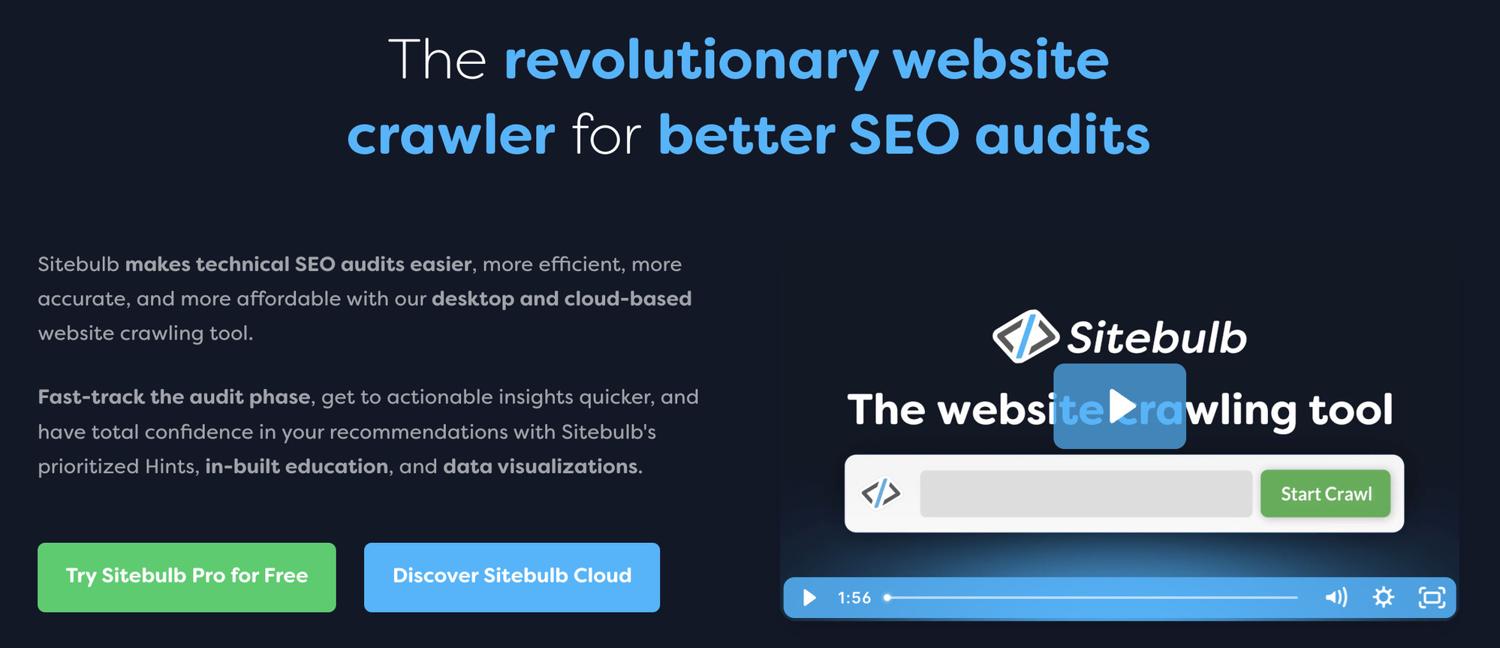 Sitebulb homepage describing its desktop and cloud-based website crawling tool for technical SEO audits