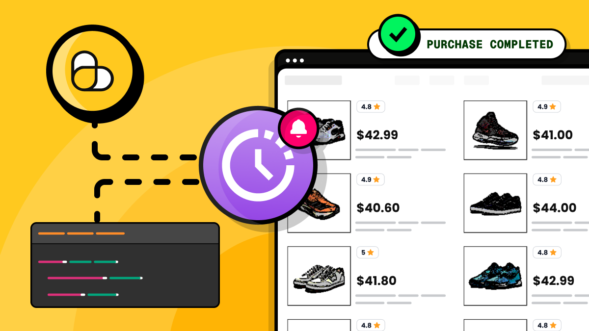 Illustration of a sneaker e-commerce checkout flow with a purchase completed confirmation