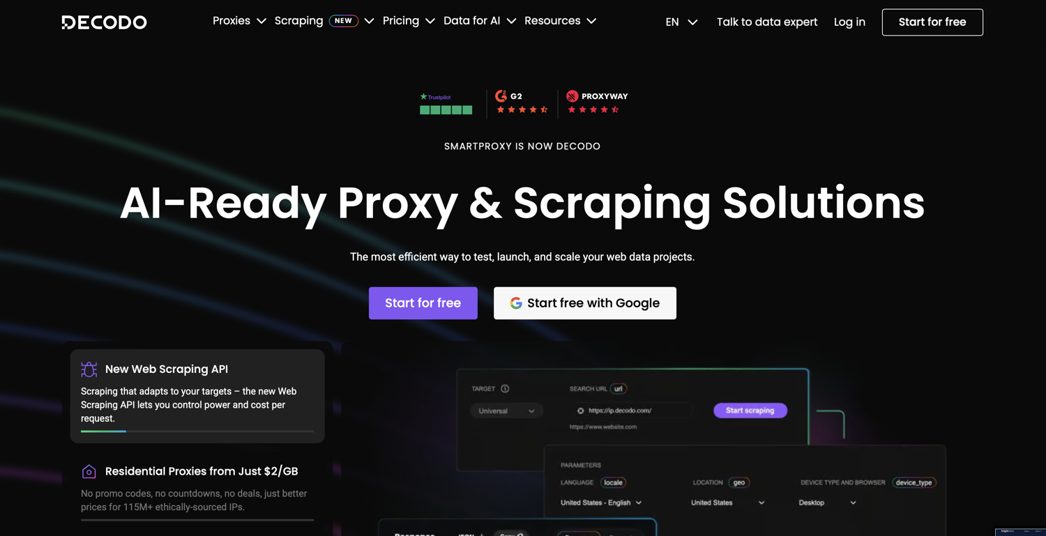 Decodo homepage announcing that Smartproxy is now Decodo, with residential proxy pricing