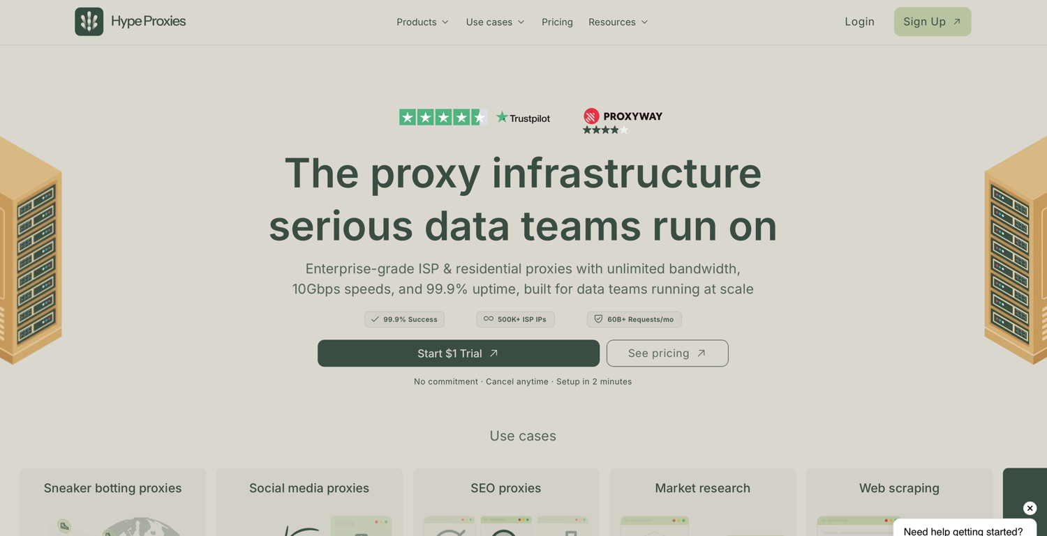 HypeProxies homepage advertising ISP proxies with 10 Gbps speeds and 99.9% uptime
