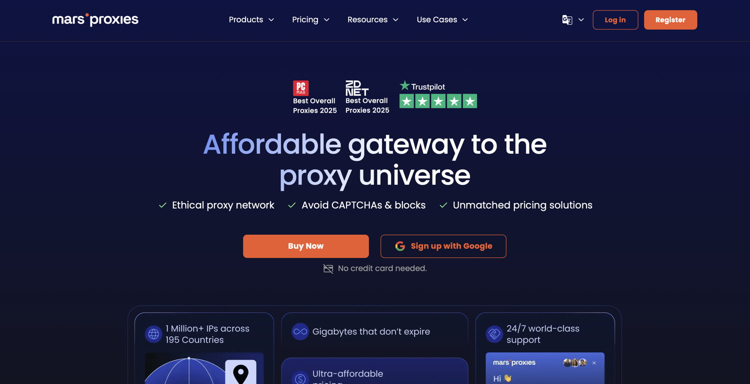 MarsProxies homepage showing its 1 million plus IP network across 195 countries