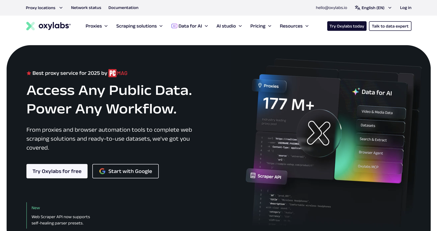 Oxylabs homepage showing its proxy and web data platform