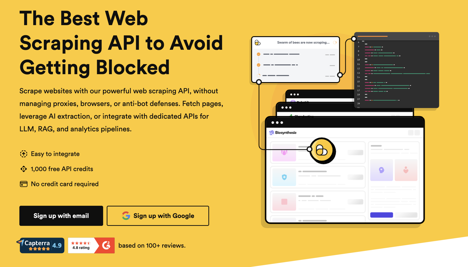ScrapingBee homepage describing its web scraping API for avoiding blocks