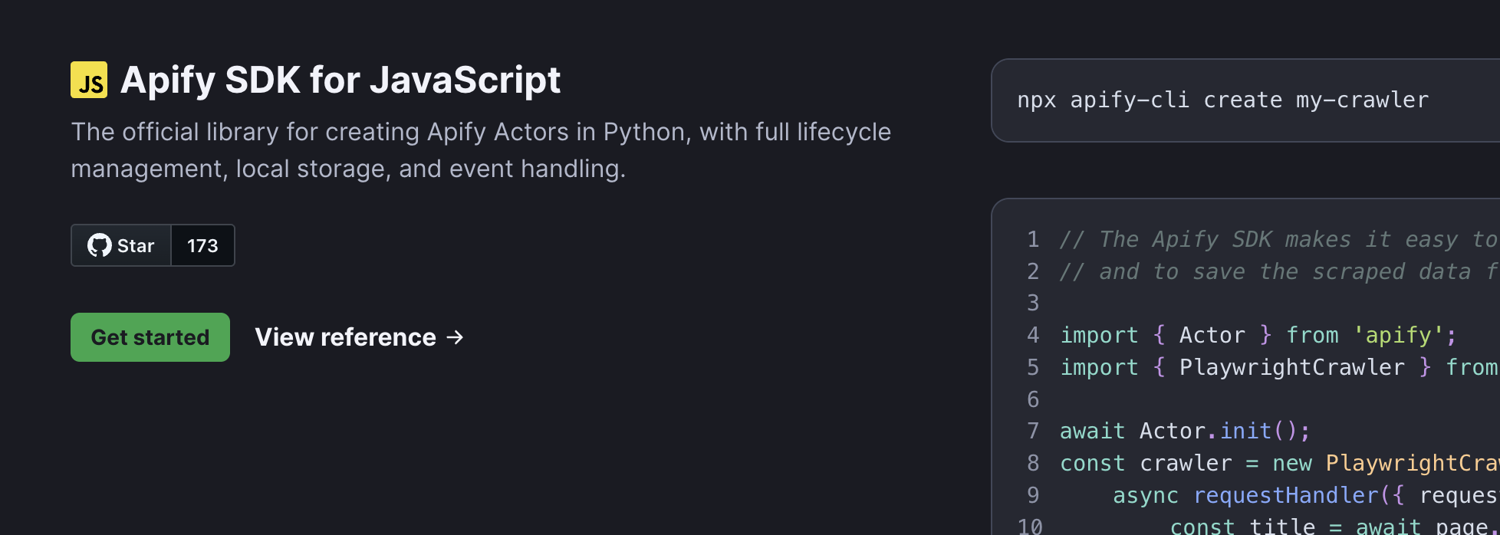Apify SDK for JavaScript documentation homepage