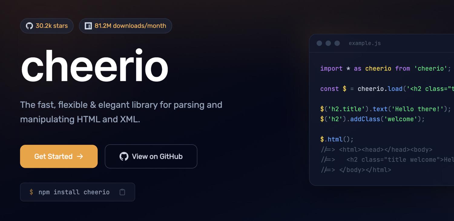 Cheerio homepage describing it as a fast, flexible library for parsing and manipulating HTML and XML
