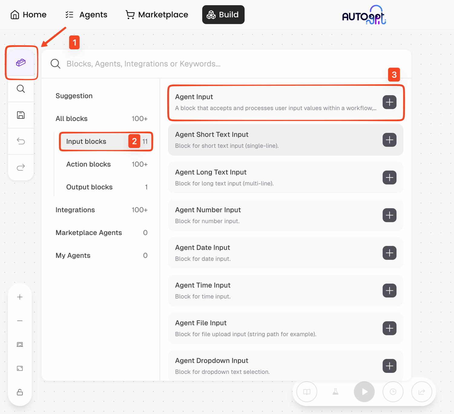 AutoGPT Blocks panel filtered to Input blocks with Agent Input highlighted