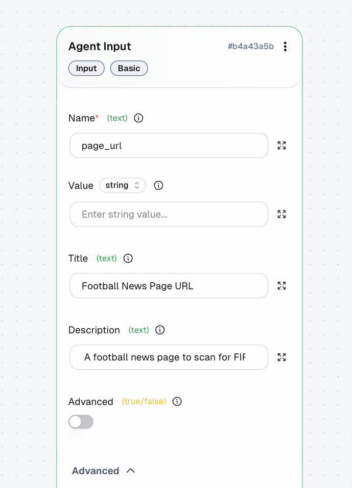 Agent Input block configured with name page_url and title Football News Page URL