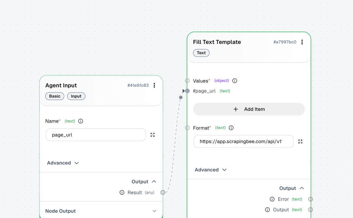 Agent Input Result pin connected by a link to the page_url pin on Fill Text Template