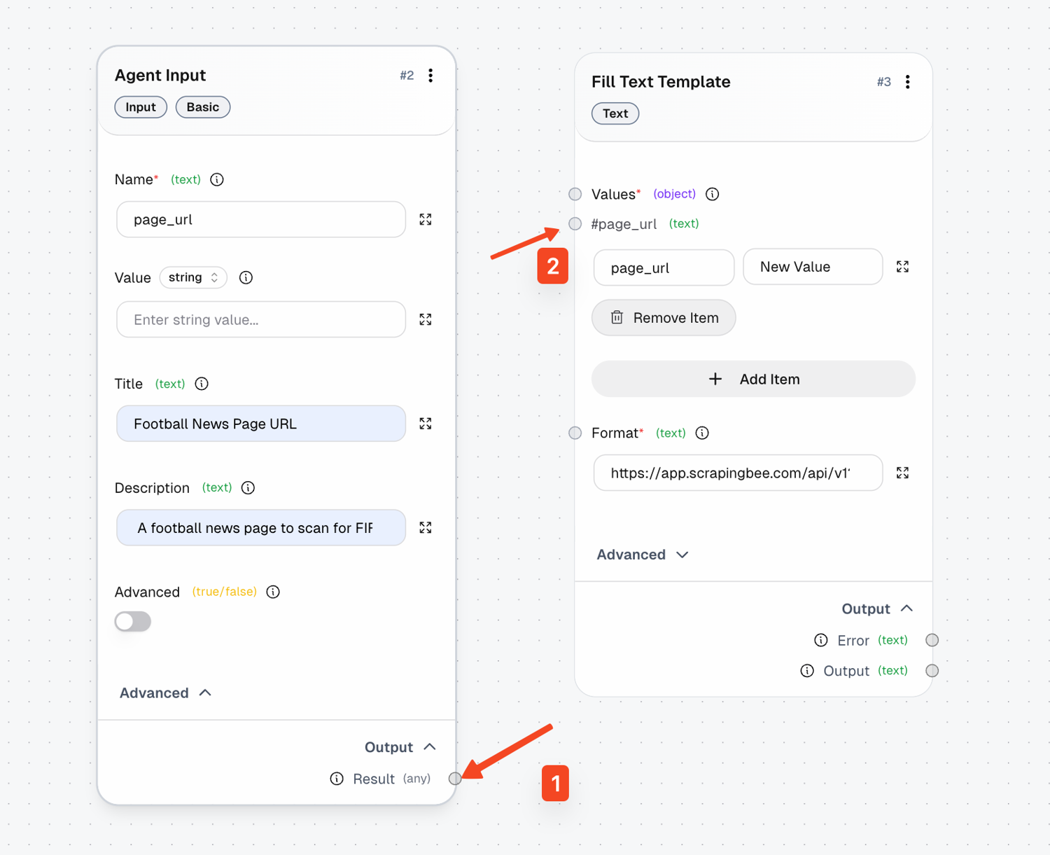Agent Input Result pin and the page_url pin on Fill Text Template marked with arrows